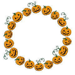 Happy Halloween-round frame of holiday design characters-pumpkin, Jack lantern. Festive border, background or title for greeting card, invitation, party, poster, banner