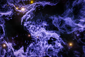 3d illustration of realistic purple cosmic sky with stars. A raging sea with foam and huge waves reflecting the beautiful night sky. Abstract colorful smoke