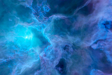 3d illustration of realistic blue cosmic sky with stars. A raging sea with foam and huge waves 