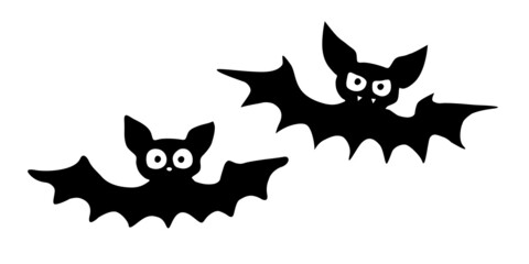 Cute vampire bats drawn in cartoon flat style. Vector black silhouette illustration isolated on white background. For halloween design, greeting card