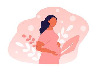 vector hand drawn illustration. pregnant woman hugging her belly. plants next to her. trending flat illustration on pregnancy and motherhood for magazines, websites, apps