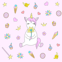 Cute baby unicorn vector illustration in pastel rainbow colors. cartoon style. Hand drawing. Cute animal