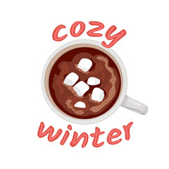 Hot chocolate mug with marshmallows. Isolated white cup on white background. Cacao with zephyr.