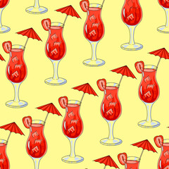 Seamless pattern cold cocktail on a yellow background. Vector illustration. Hand drawing. Red cocktail with a slice of strawberry and an umbrella.