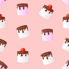 Seamless pattern marshmallow. Zephyr in chocolate. Vector illustration in a cartoon style. Red background.