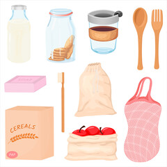 Zero Waste life set. Isolated vector objects on white background. Cartoon.