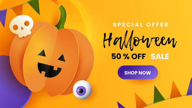 Happy halloween sale banner. Cute paper pumpkin with skull and eye on yellow background. 