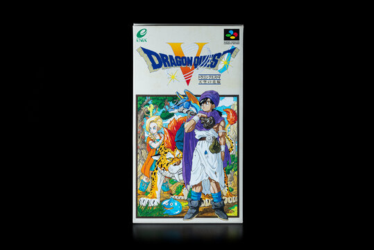Fukuoka, Japan - september 13, 2021 : Nintendo Super Famicom famous RPG game Dragonquest V by Enix software released in 1992 in japan isolated on black background