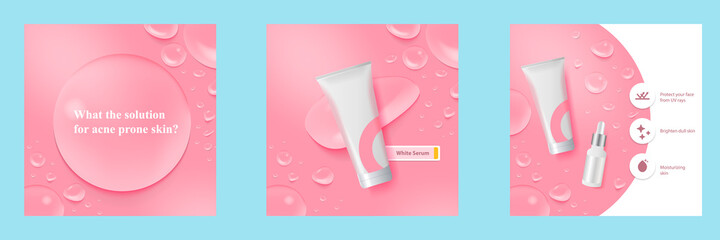 Minimal beauty cosmetic social media square post banner in pink color. For product knowledge, display, price, catalog tips template with icon water droplet bubble soap elements