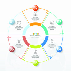 Basic circle infographic template with 6 steps, process or options, process chart, Used for process diagram, presentations, workflow layout, flow chart, infograph. Vector eps10 illustration.