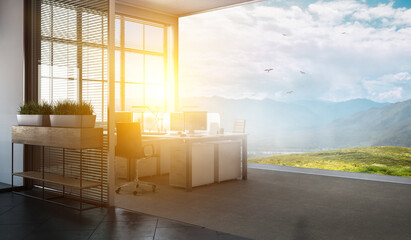 Natural living room interior without one wall