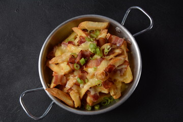 French fries with Melted Cheddar Cheese with Crispy Bacon. Poutine with cheese, bacon and green onions