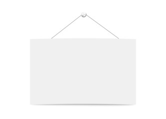 Blank signboard hanging from rope on wall, realistic vector illustration