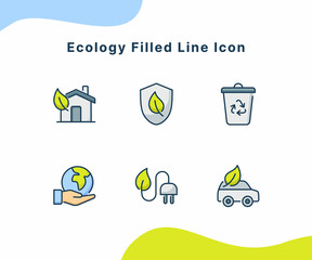 ecology filled line icon collection package white isolated background with modern flat cartoon style