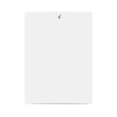 Realistic blank white paper sheet hanging on metal nail hammered in wall.