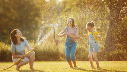 Happy family playing in backyard