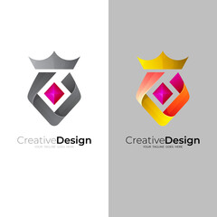 crown logo and colorful design template, shield and crown icons