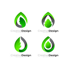 Set drop logo and leaf icon nature, green logo with simple
