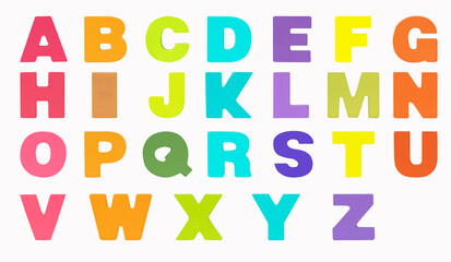 A-Z English alphabet multicolor. Wooden jigsaw tangram puzzle as shape A-Z. English is universal language use all over world. Suitable for children develop their brains. Isolated on white background.