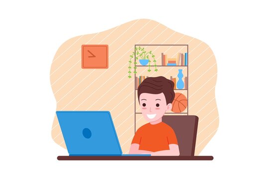 Online distance learning. The boy is studying with a computer online from home. Back to school concept. Vector illustration in a flat style.