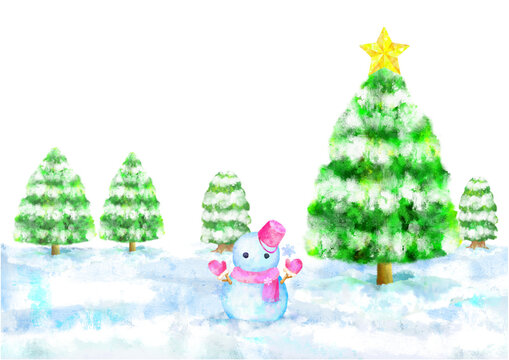 クリスマスツリー　手書き　雪だるま　水彩