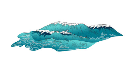 Rolling giant sea wave hand drawn colored vector illustration isolated.