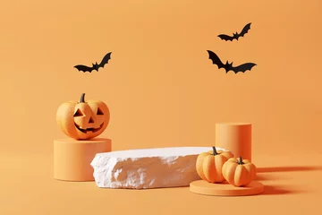 Fototapeten Stone podium and minimal abstract background for Halloween, 3d rendering, Smiling pumpkin character with bat on geometric shape, Stage for product © oatawa