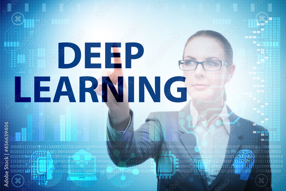 Poster deep learning concept with businessman pressing button