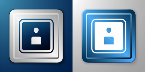 White Play Video icon isolated on blue and grey background. Film strip sign. Silver and blue square button. Vector