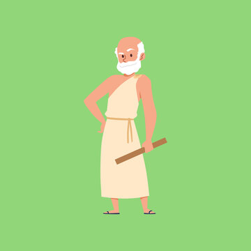 Ancient Greek philosopher character in toga, flat vector illustration isolated.