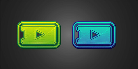 Green and blue Online play video icon isolated on black background. Smartphone and film strip with play sign. Vector