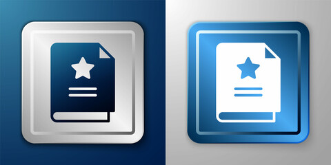 White Scenario icon isolated on blue and grey background. Script reading concept for art project, films, theaters. Silver and blue square button. Vector