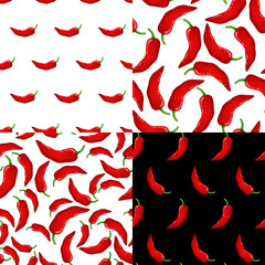 Red Pepper vector seamless pattern set. Mexican chili spicy vegetable. Hot paprika texture.