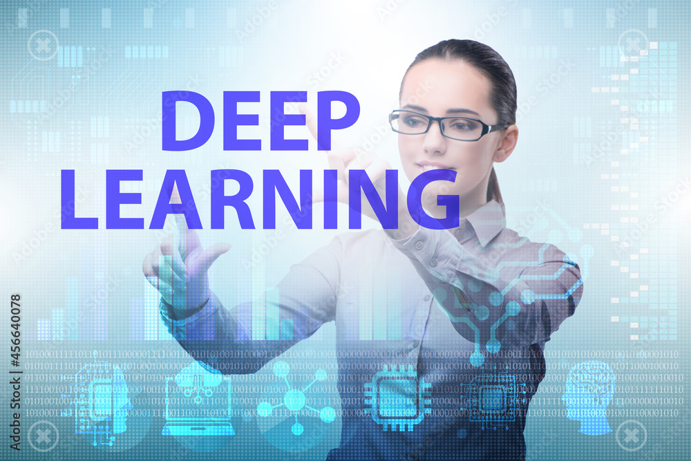 Poster deep learning concept with businessman pressing button