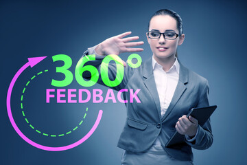 360 degree concept with businesswoman pressing button