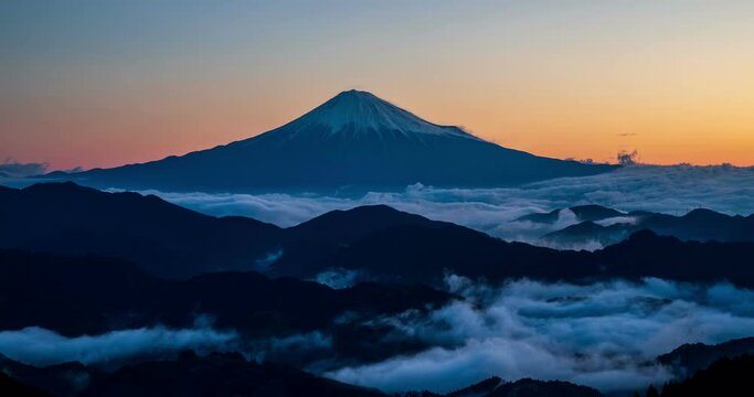 静岡市吉原から夜明けの富士山と雲海Timelapse