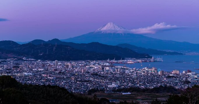 日本平から清水の港夕焼けから夜景と富士山Timelaps