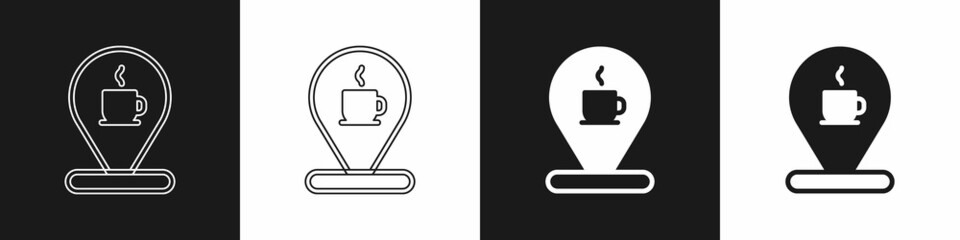 Set Location with coffee cup icon isolated on black and white background. Vector