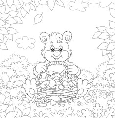 Little bear mushroomer friendly smiling and sitting with a big wicker basket full of picked mushrooms on a forest glade, black and white outline vector cartoon illustration