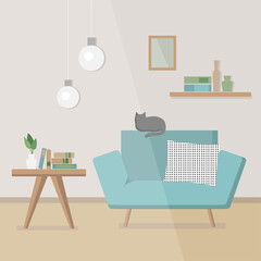 Cozy interior with an armchair, a coffee table, books, a bookshelf, lamps and a cat. A comfortable place to relax, read, study or work at home. Modern flat style vector illustration. 