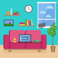 The concept of work from home. Living room interior. Cozy work place with sofa, plant, bookshelves, a picture, a clock, a window and a cat. Modern flat cartoon style. Vector illustration.