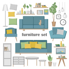 Vector furniture set. Elements for the living room with sofa, table, chair, shelves, lamp, clocks and other elements. Flat vector Illustration of objects for decoration and Interior design.
