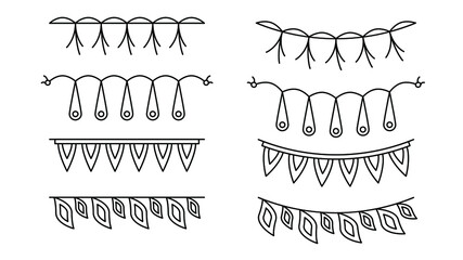 Set Black Simple Line Garlands Flags Collection Doodle Elements Vector Design Style Sketch Isolated Illustration For Banner, Birthday, Celebration, Decoration