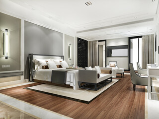 3d rendering beautiful comtemporary luxury bedroom suite in hotel with tv and sofa