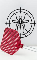 Mosquito search icon with a red fly swatter isolated on white background.