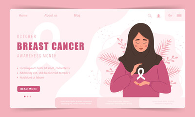 Breast cancer awareness month. Landing page template. Happy arab woman with ribbon. Annual international health campaign. Vector illustration in flat cartoon style.