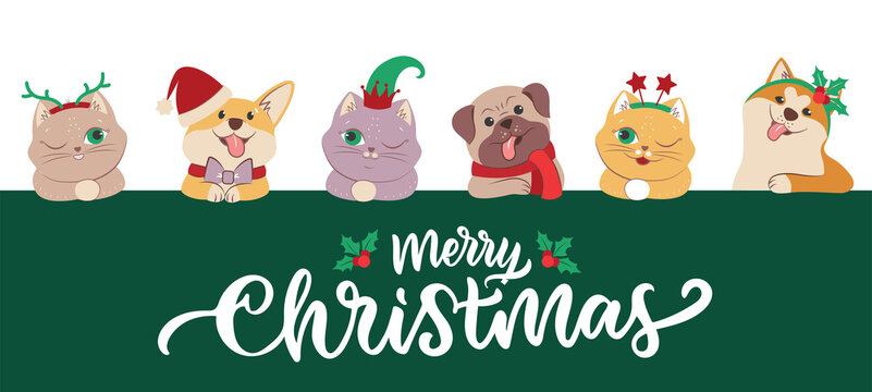 The set of faces cats and dogs for Merry Christmas