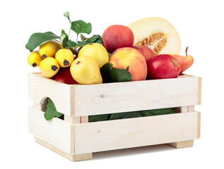 Fresh fruits in a wooden box isolated on a white background.