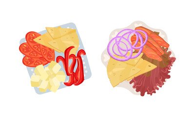 Sliced and Cut Salmon and Vegetables Served on Plate Above View Vector Set