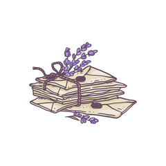Stack of mail envelopes with lavender flowers, vector illustration isolated.
